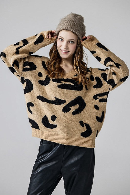 Fuzzy Mohair Jacquard V-Neck Leopard Sweater – Kabbuh