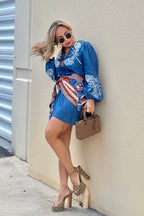 Embroidered Puff Sleeve Denim Boho Dress