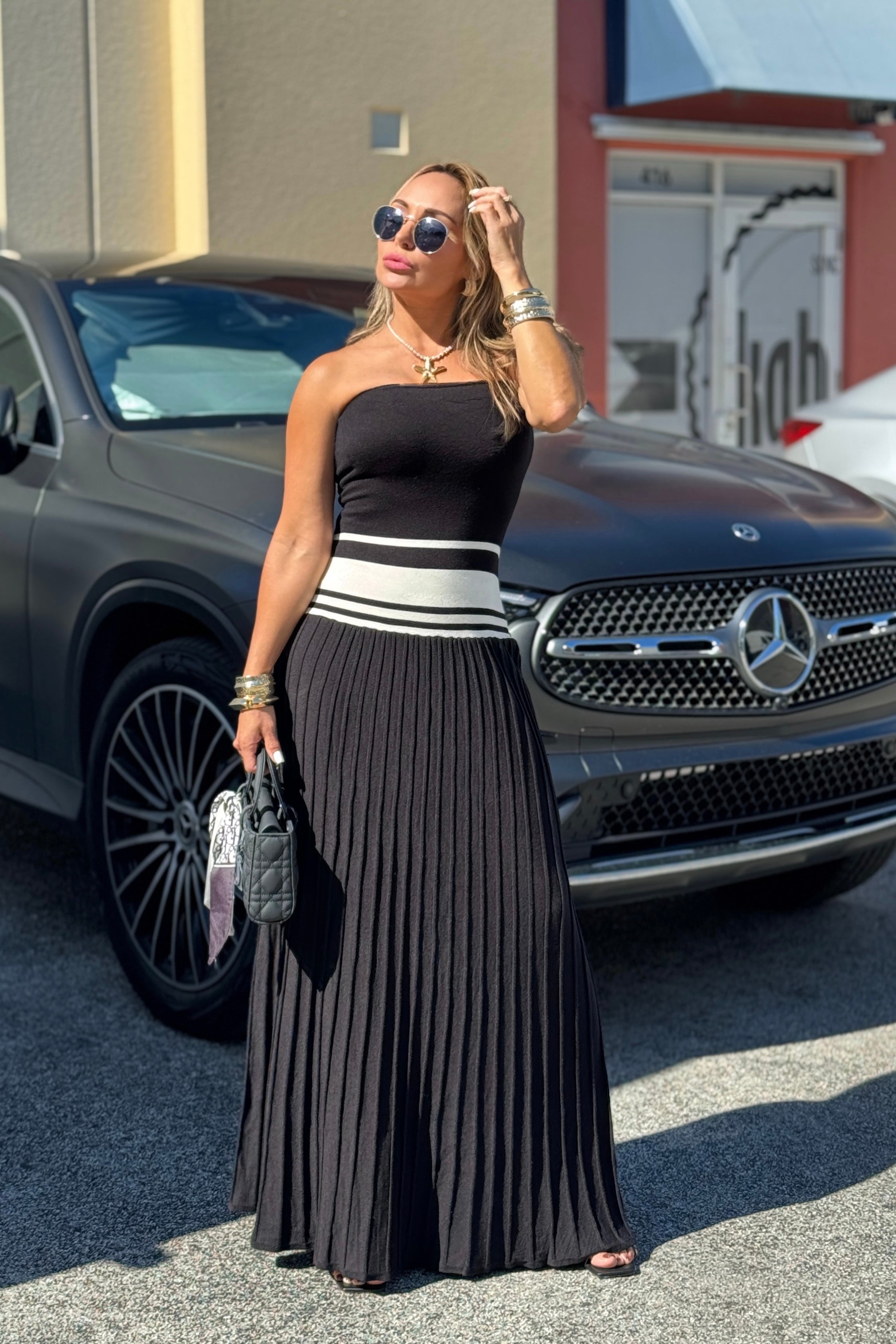 Sculpted Pleat Knit Maxi Dress