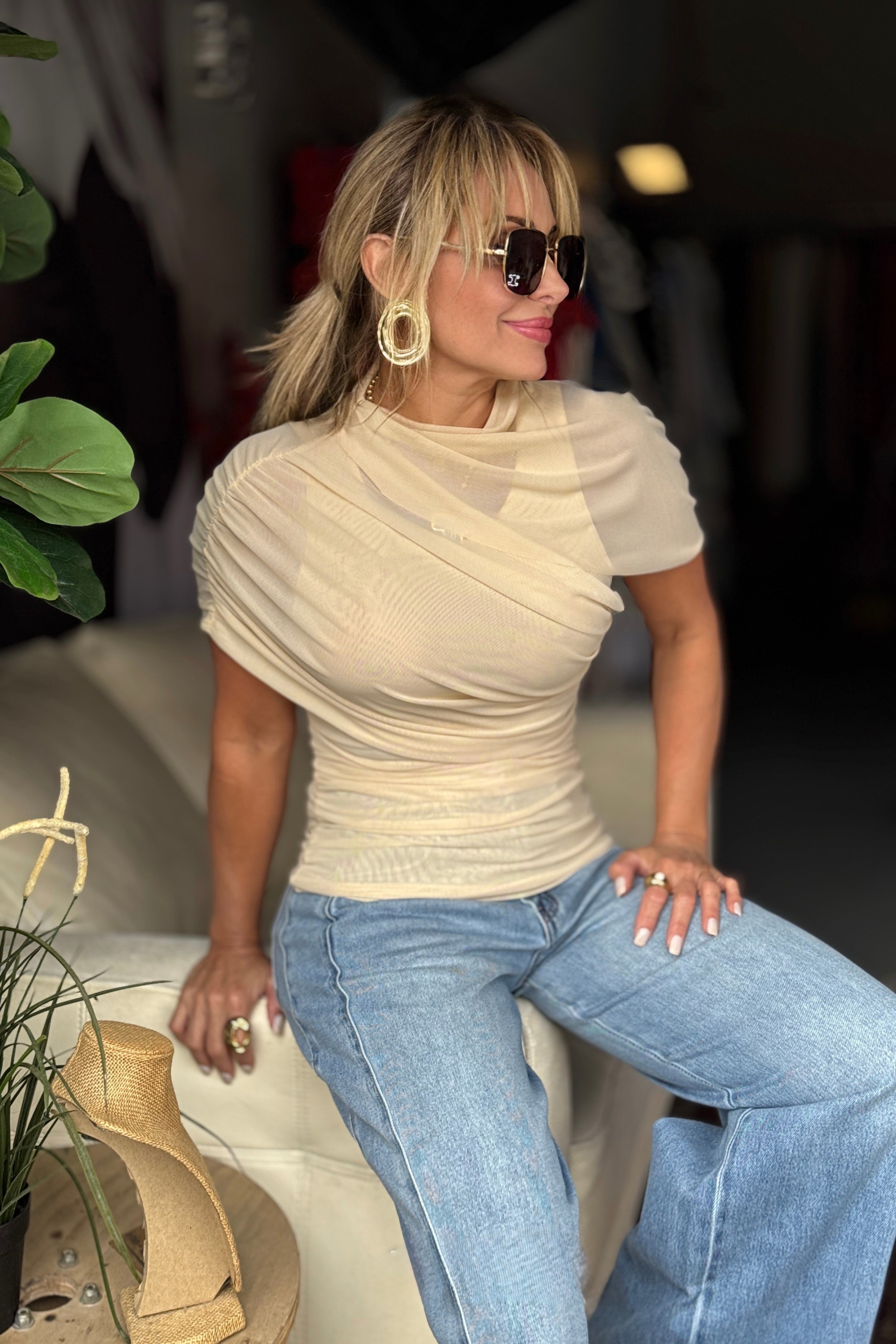 Mesh Mock Neck Ss Sleeve Top