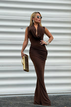 Solid Mesh Cowl Maxi Dress