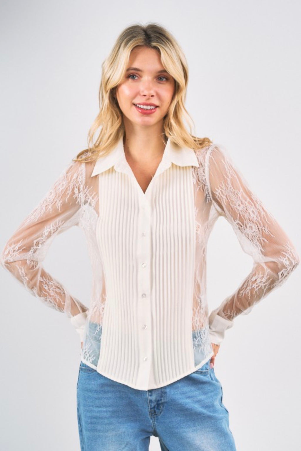 LACE PANEL PLEATED SHIRT