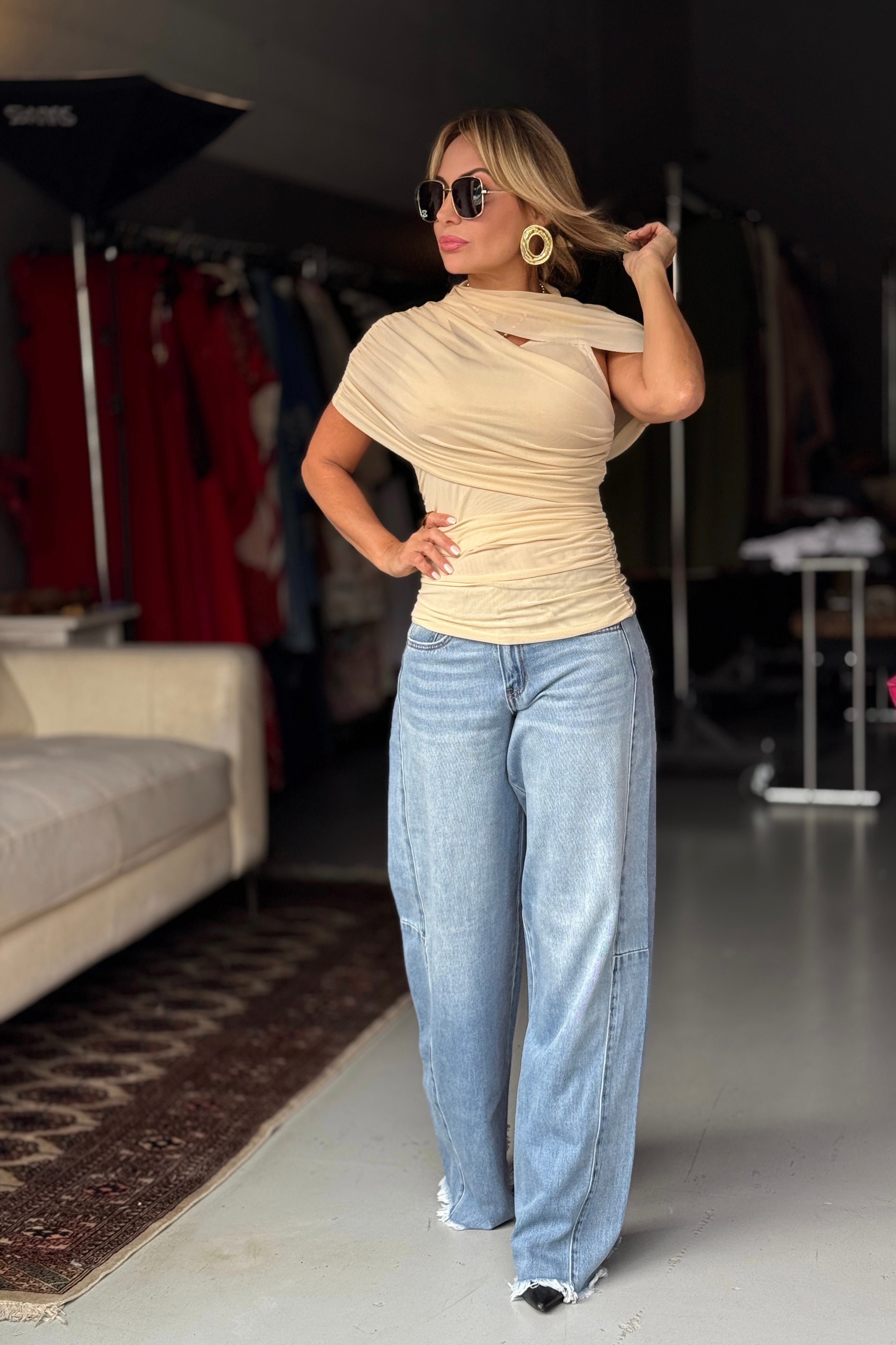 Mesh Mock Neck Ss Sleeve Top