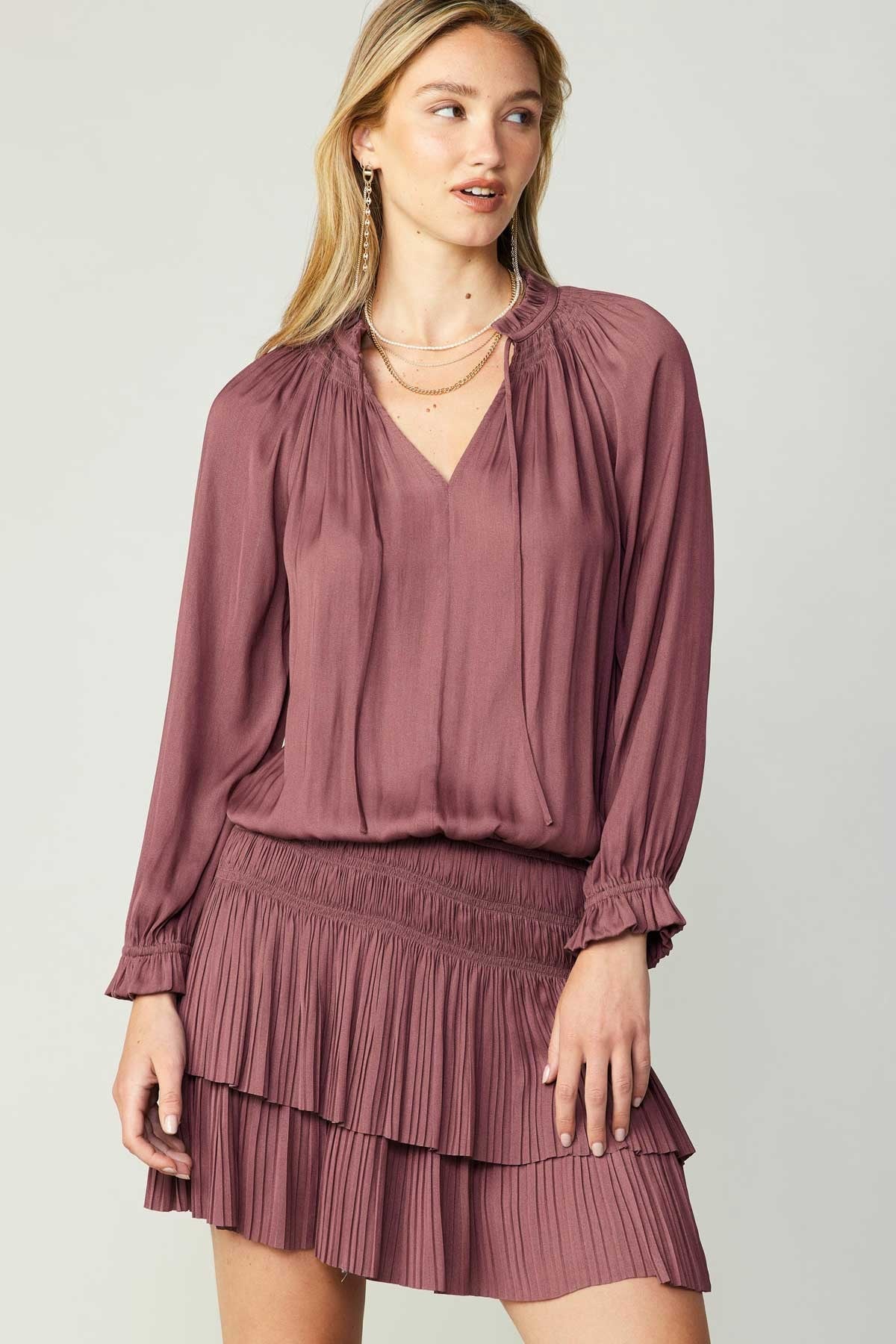 Pleated Long-sleeve Dress