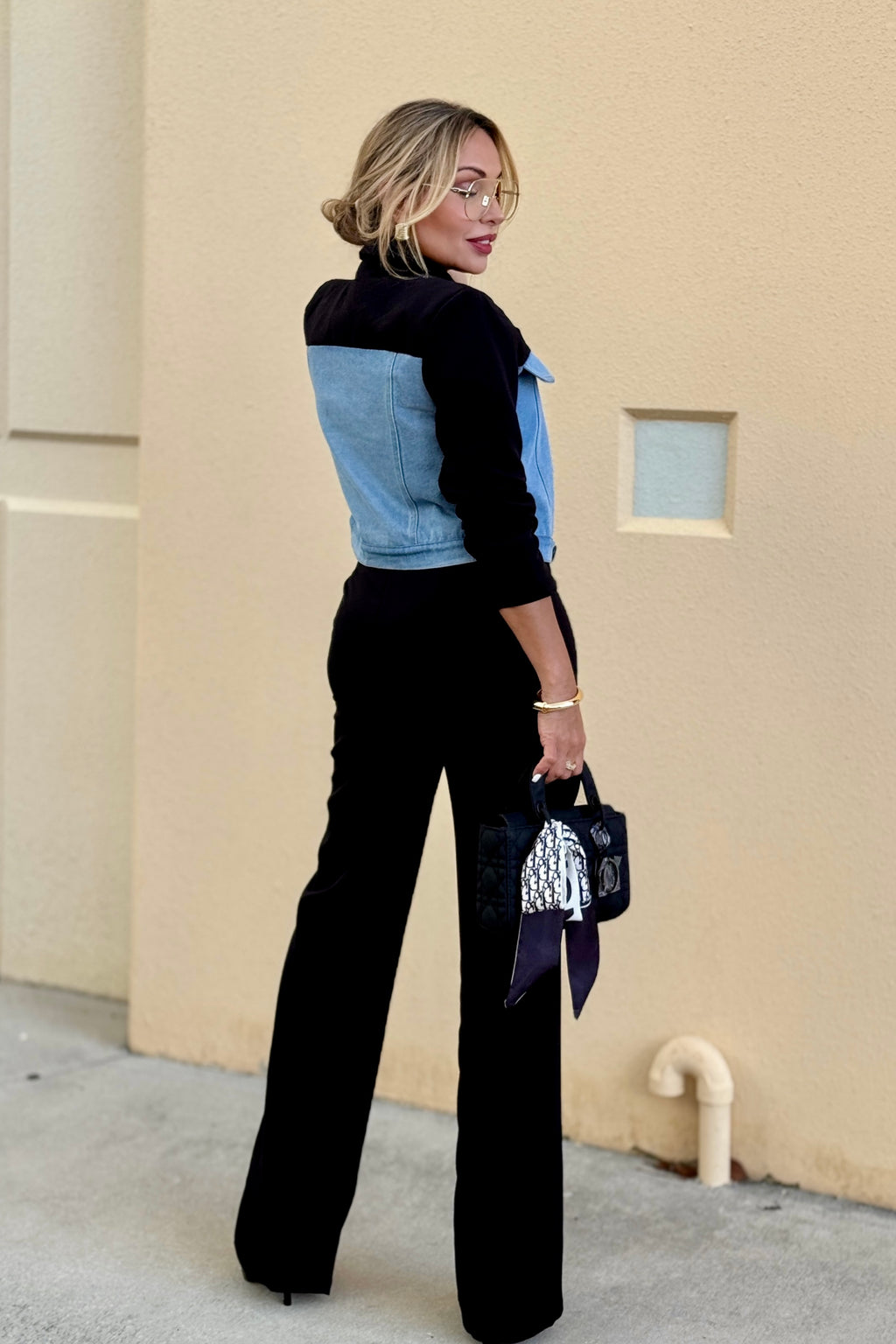 Denim Contrast Crop Blazer Two pieces Set