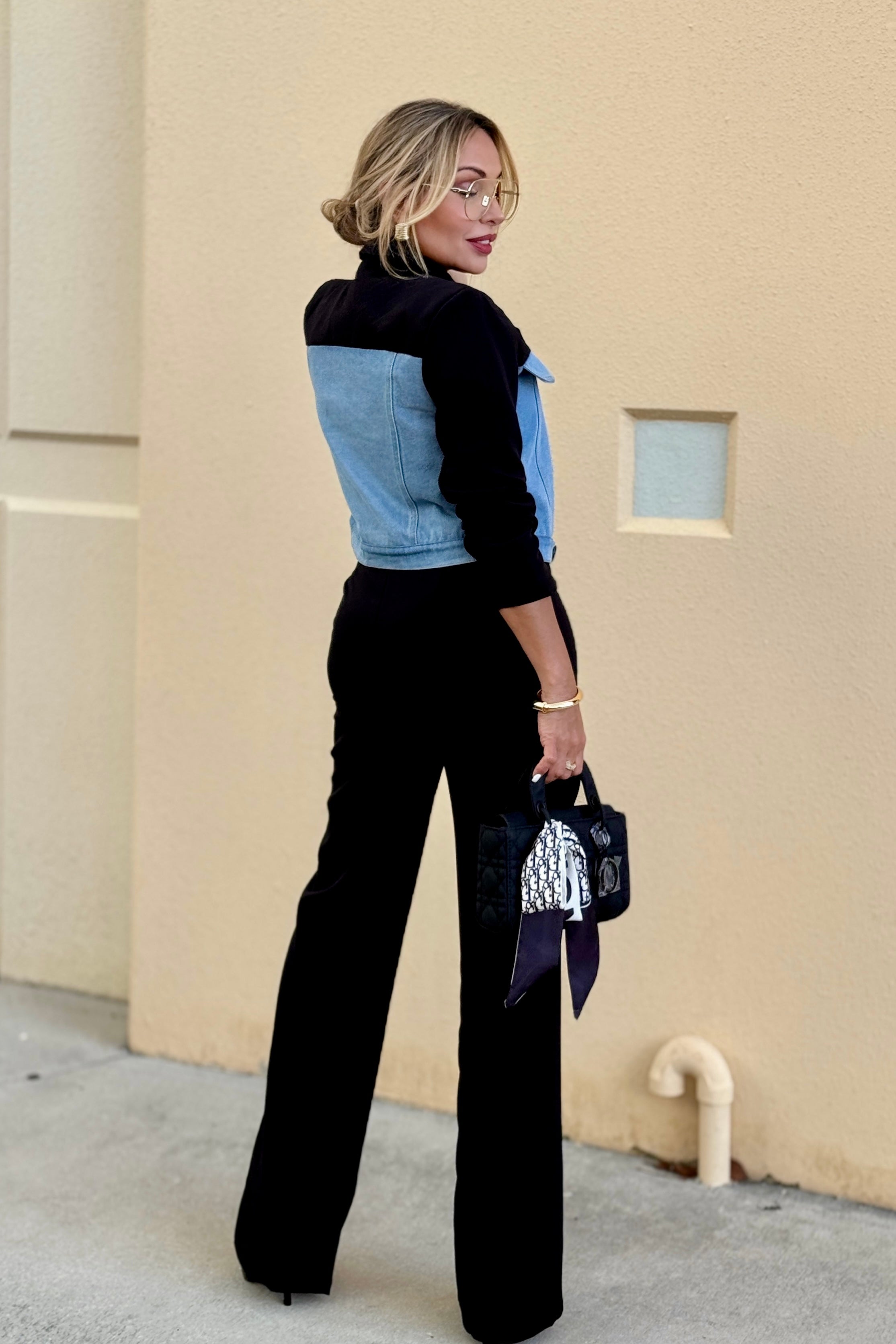 Denim Contrast Crop Blazer Two pieces Set