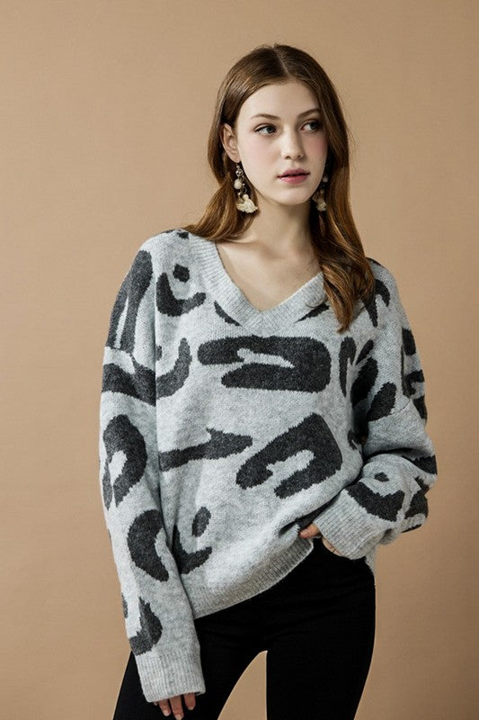 Fuzzy Mohair Jacquard V-Neck Leopard Sweater – Kabbuh