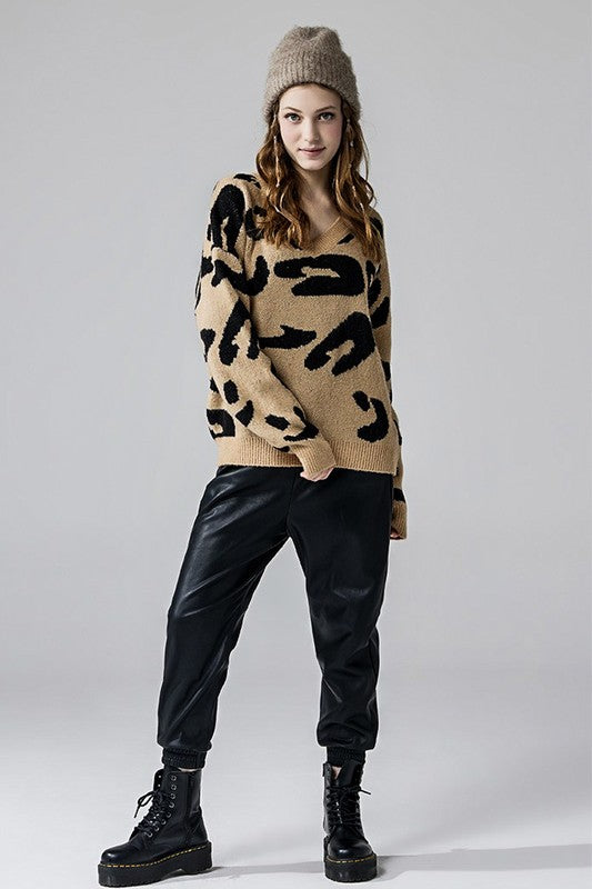 Fuzzy Mohair Jacquard V-Neck Leopard Sweater – Kabbuh