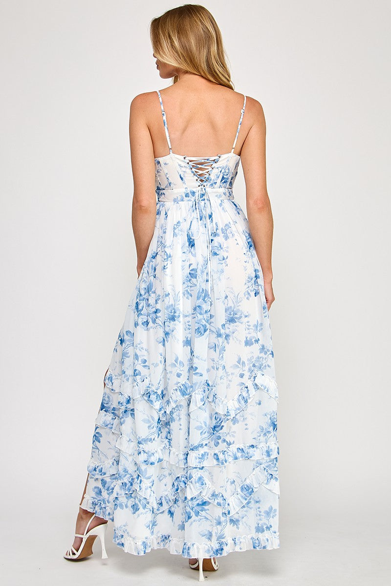 Floral Print Chiffon Corset Frill Maxi Dress