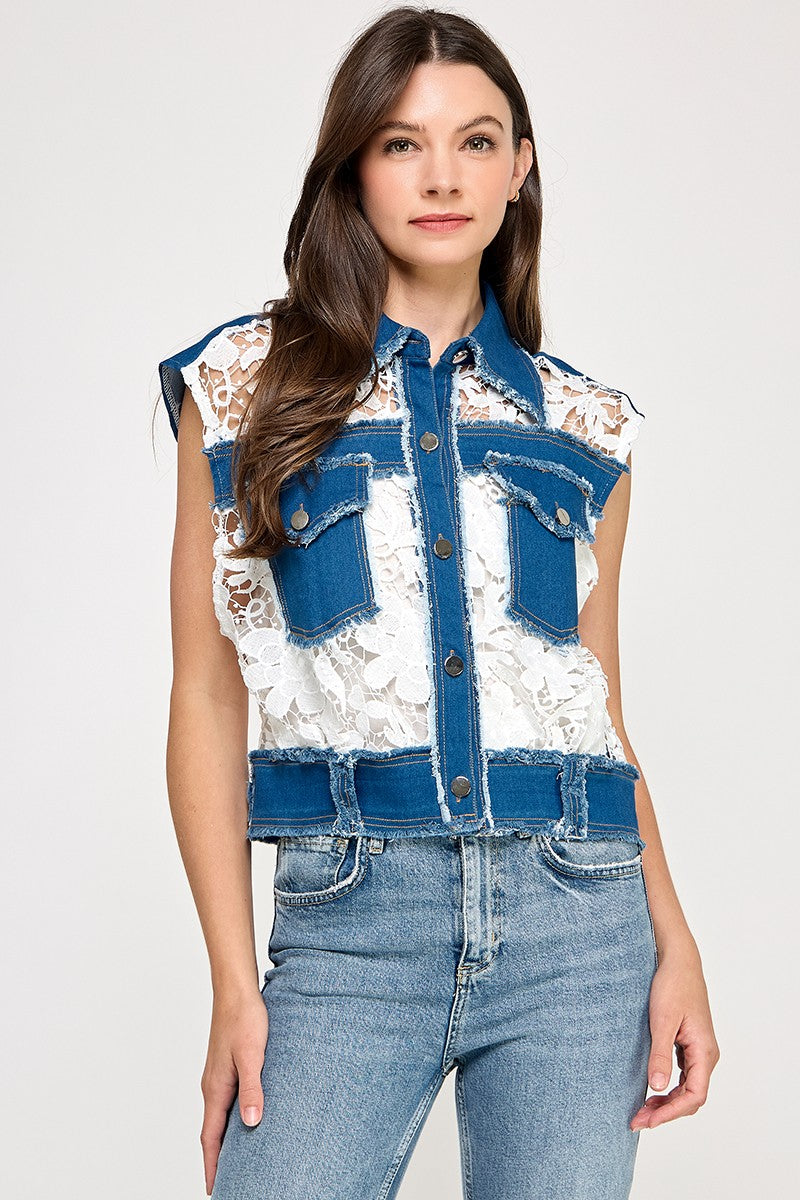 DENIM DETAIL BUTTON SHIRT
