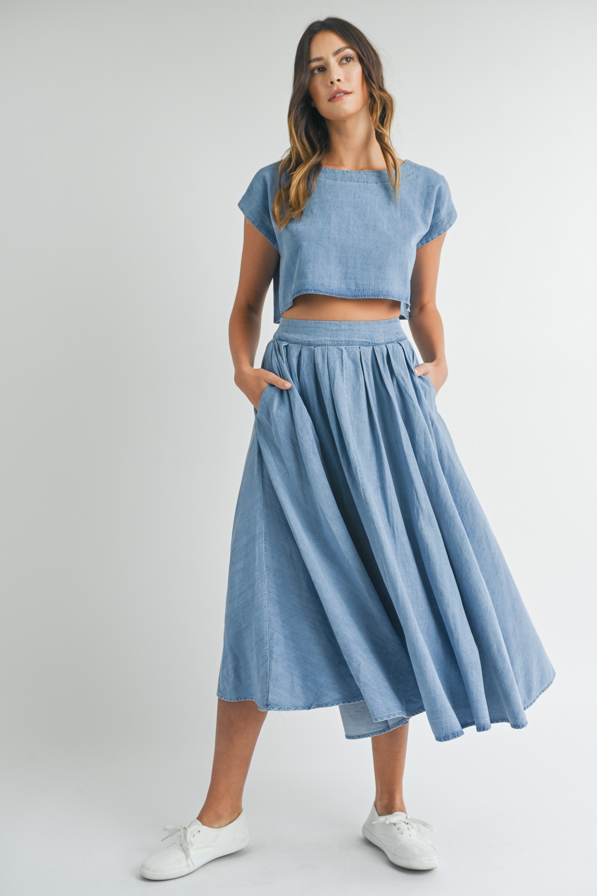 Denim Crop Top And Midi Skirt Two Pieces Set