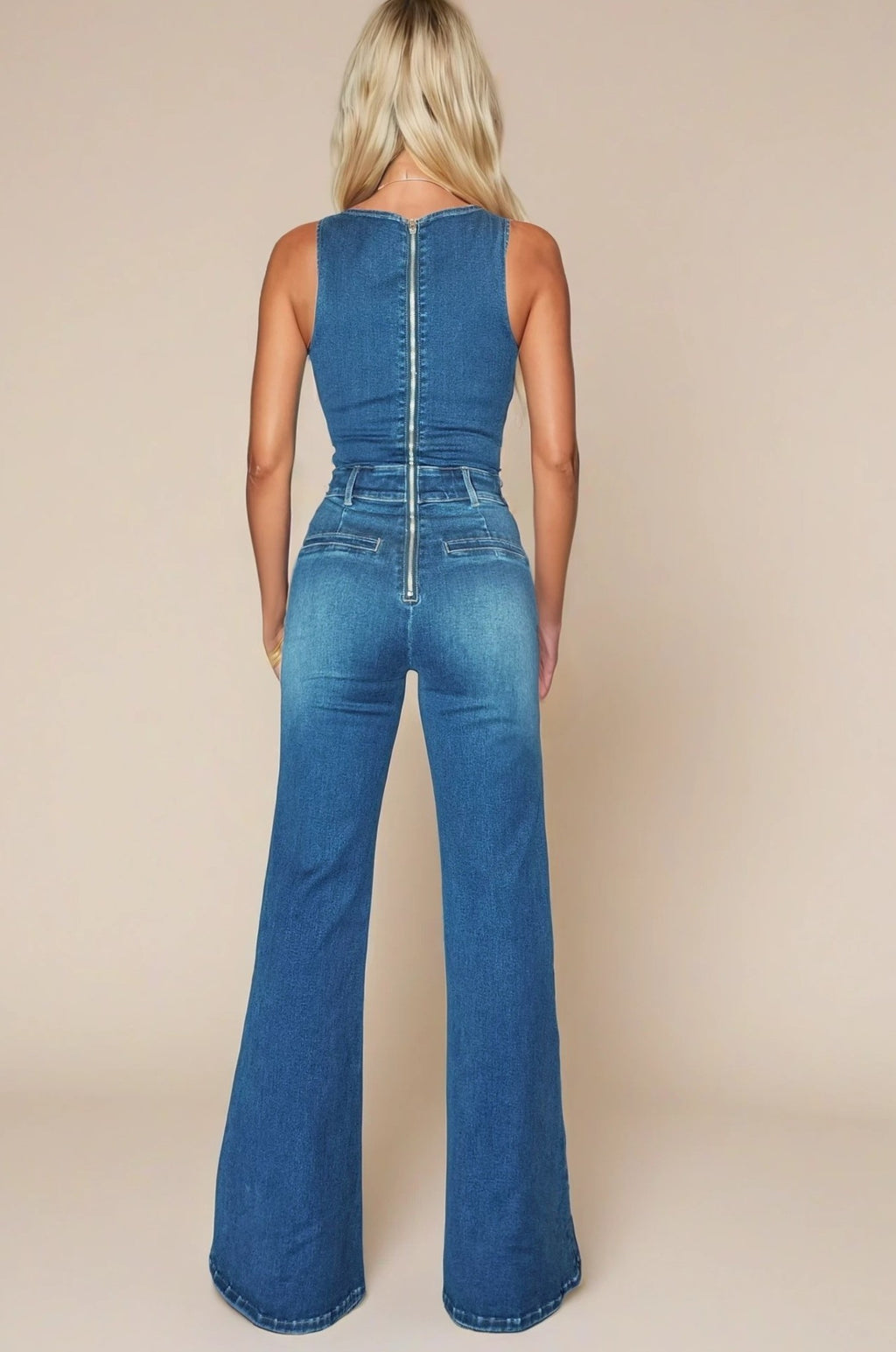 Sleeveless Stretch Wide Leg Denim Jumpsuit