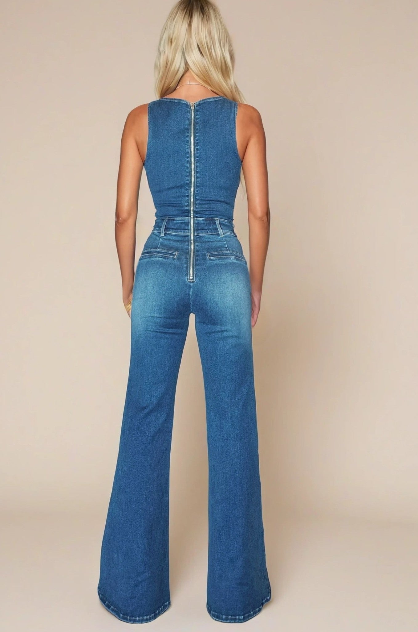 Sleeveless Stretch Wide Leg Denim Jumpsuit