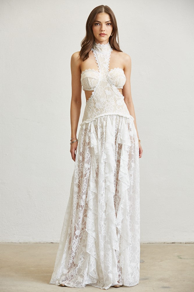Flower Pattern Lace Mockneck Dress