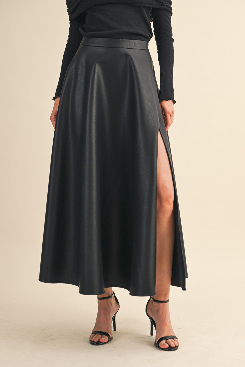 Leather With High Slit Maxi Skirt