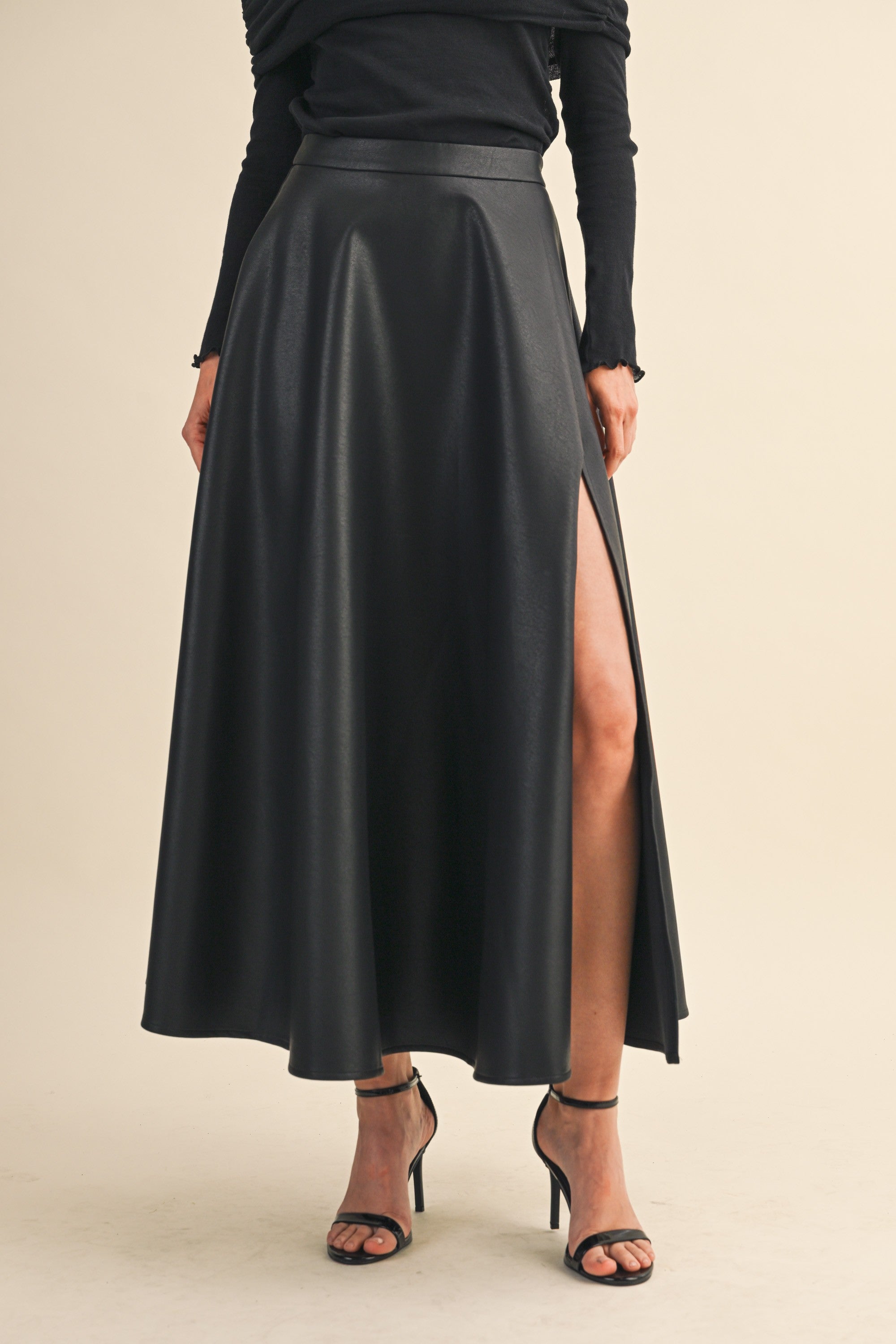 Leather With High Slit Maxi Skirt