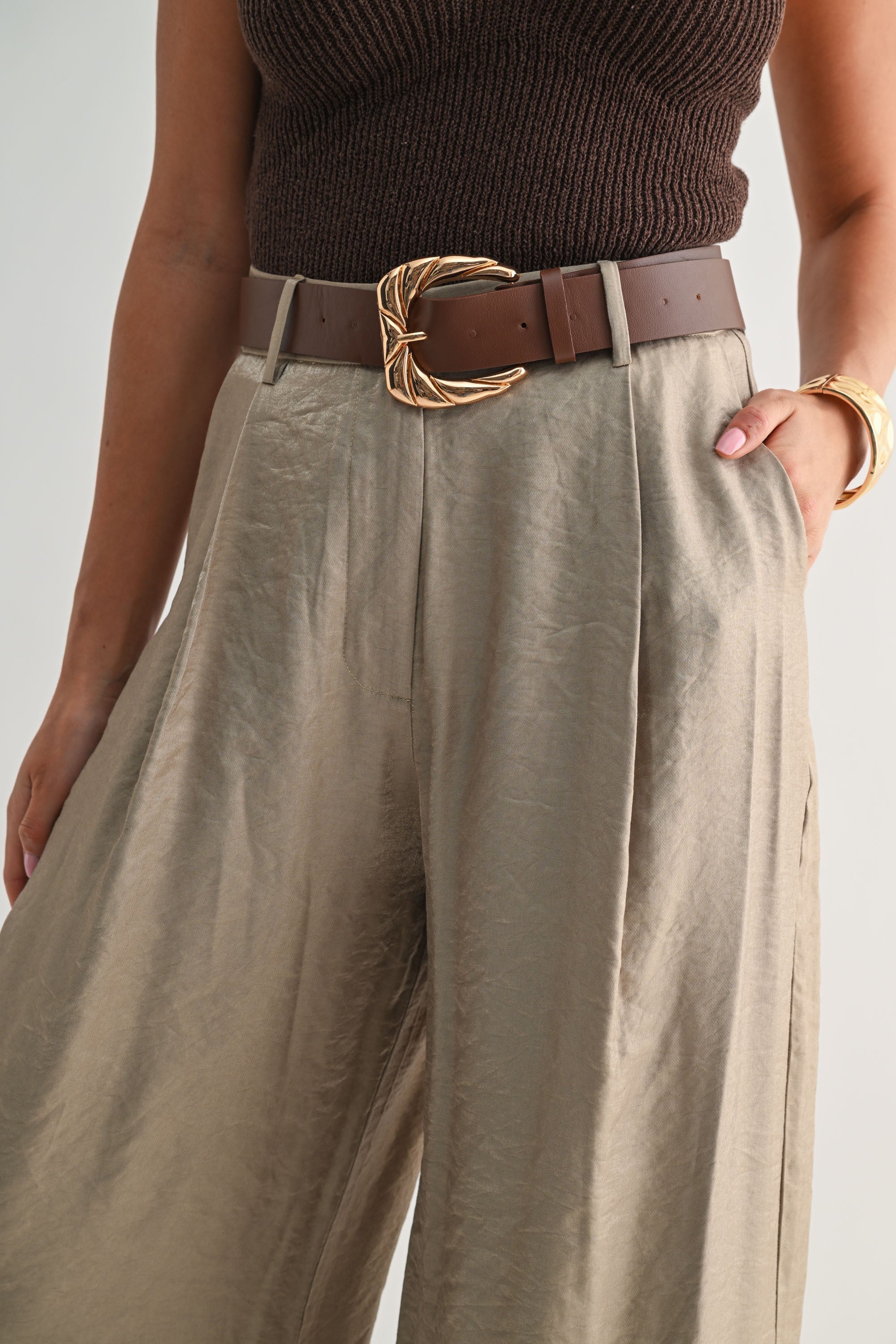 SATIN BELTED WIDELEG PANT