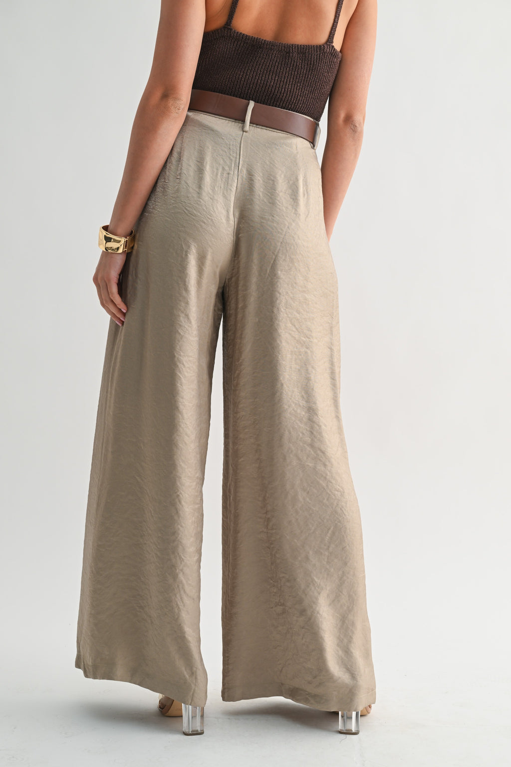 SATIN BELTED WIDELEG PANT