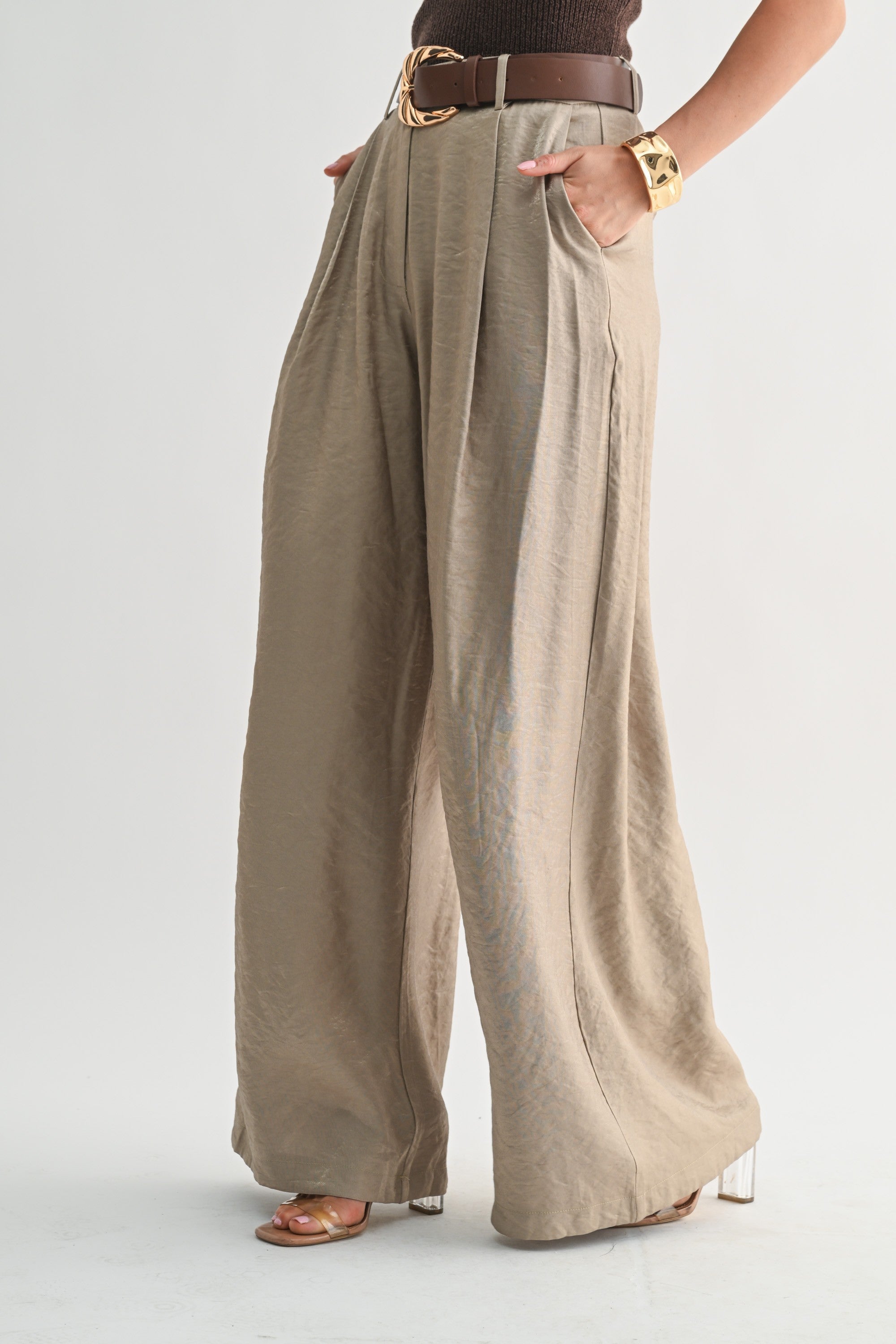 SATIN BELTED WIDELEG PANT