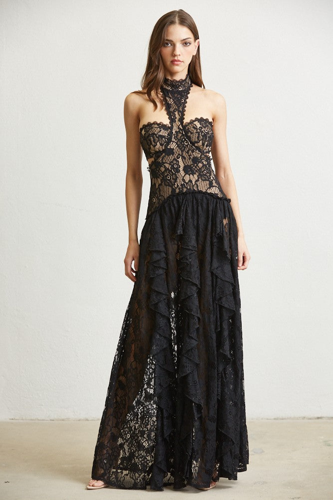 Flower Pattern Lace Mockneck Dress