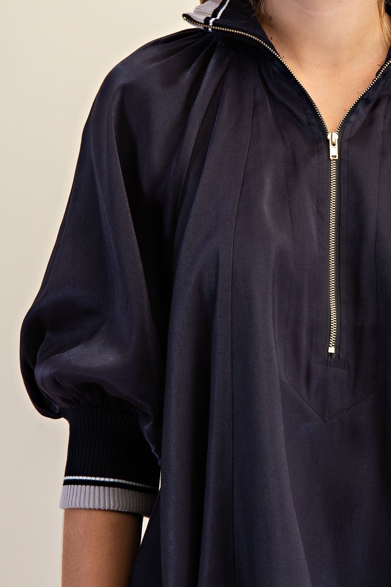 Mock Neck Band Puff Sleeve Blouse