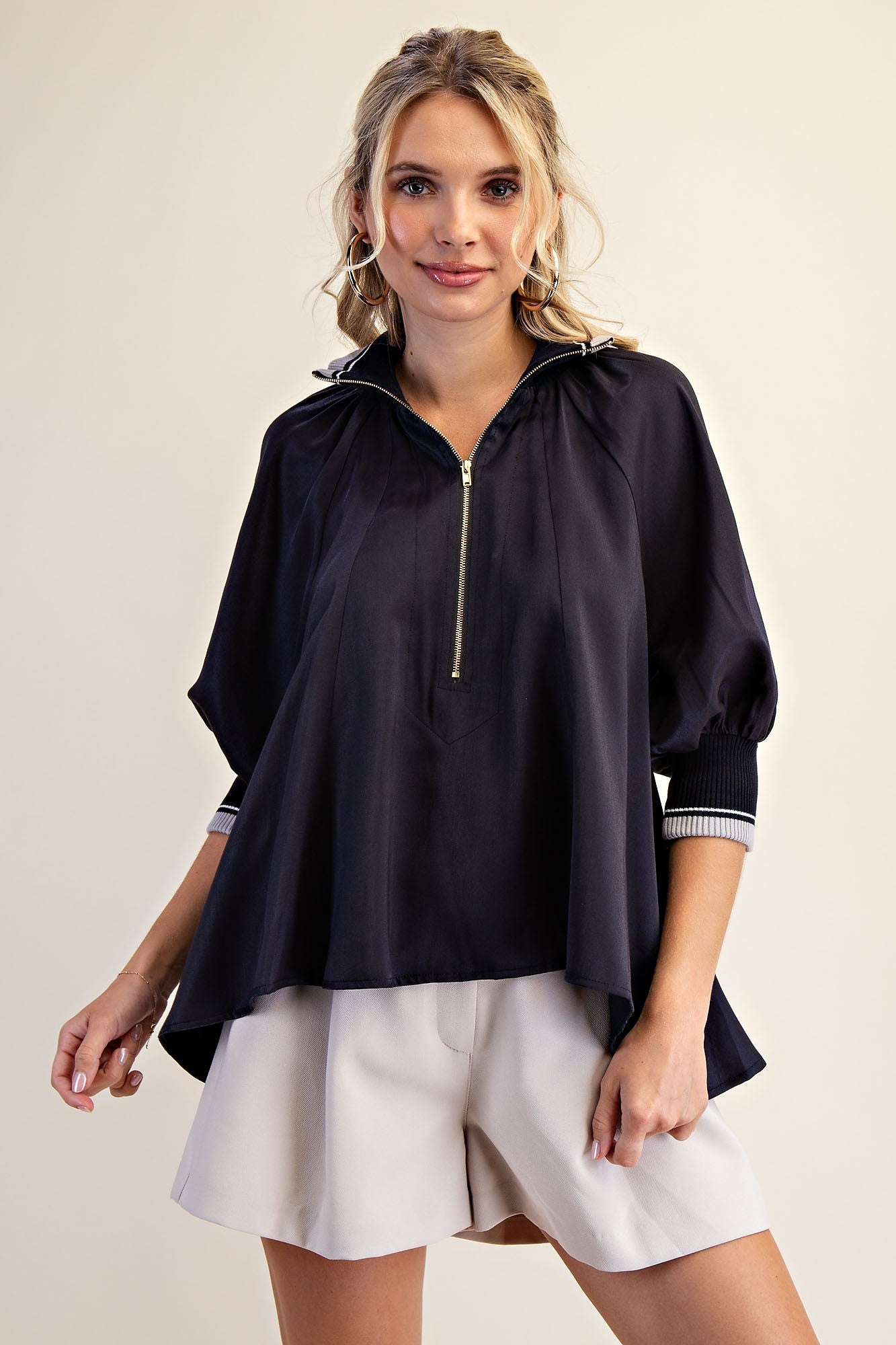 Mock Neck Band Puff Sleeve Blouse