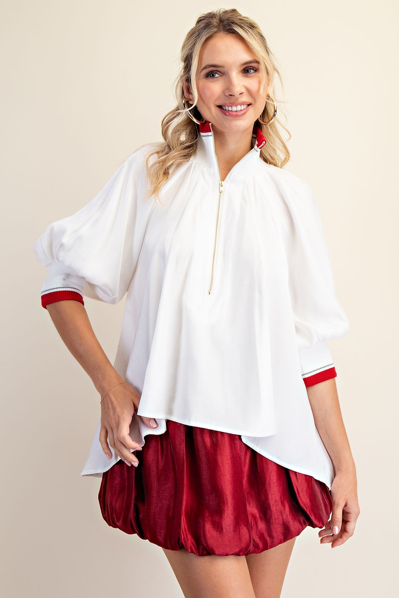 Mock Neck Band Puff Sleeve Blouse