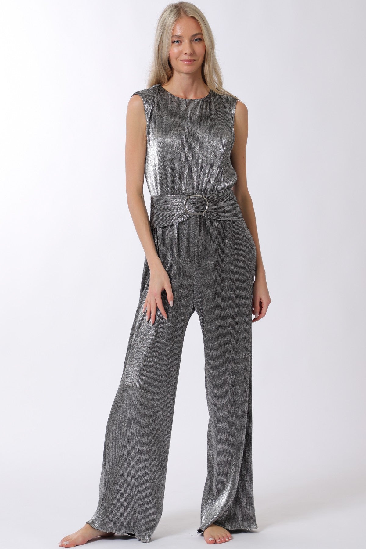 Caro Sleeveless Buckle Waisted Pleated Jumpsuit