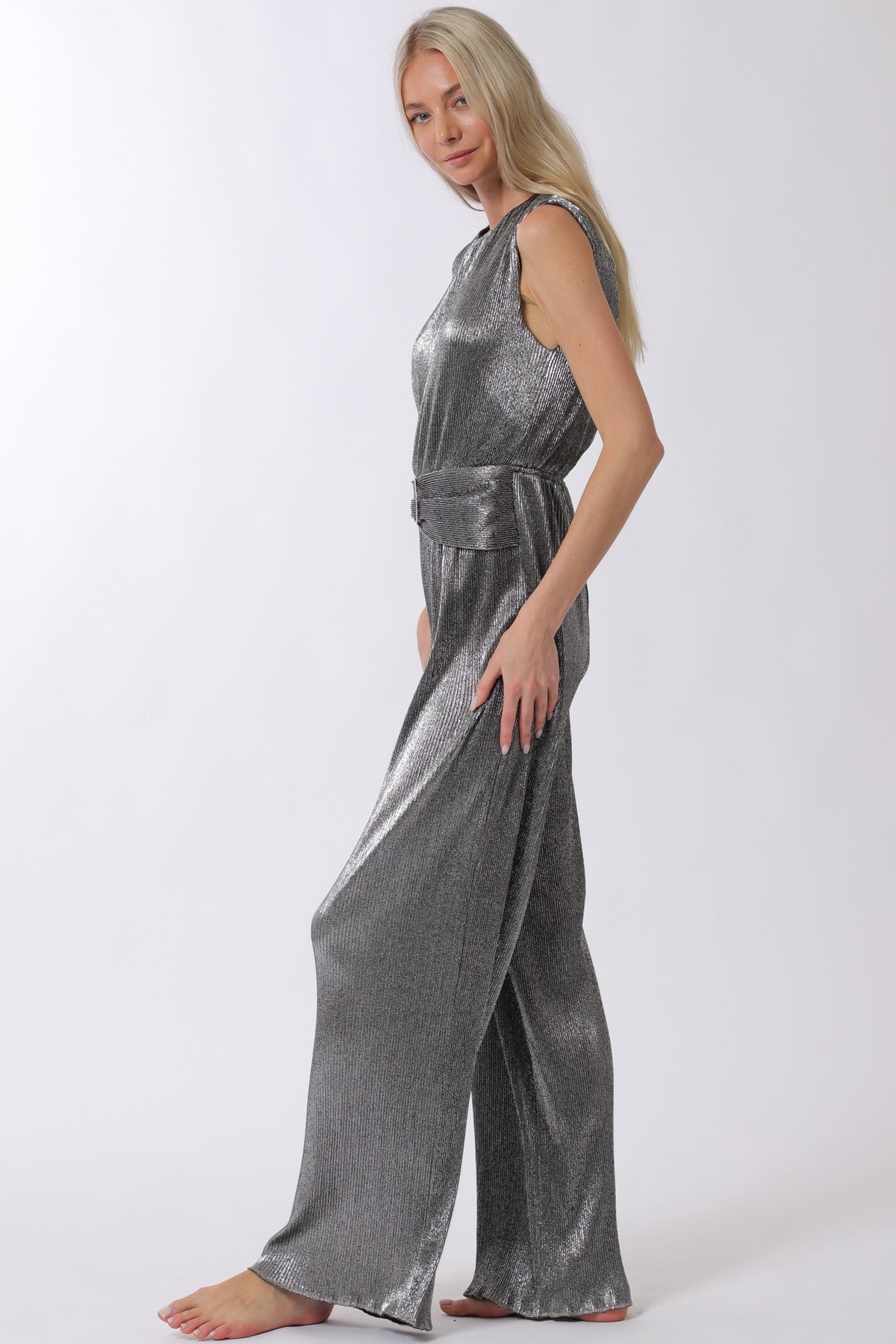 Caro Sleeveless Buckle Waisted Pleated Jumpsuit