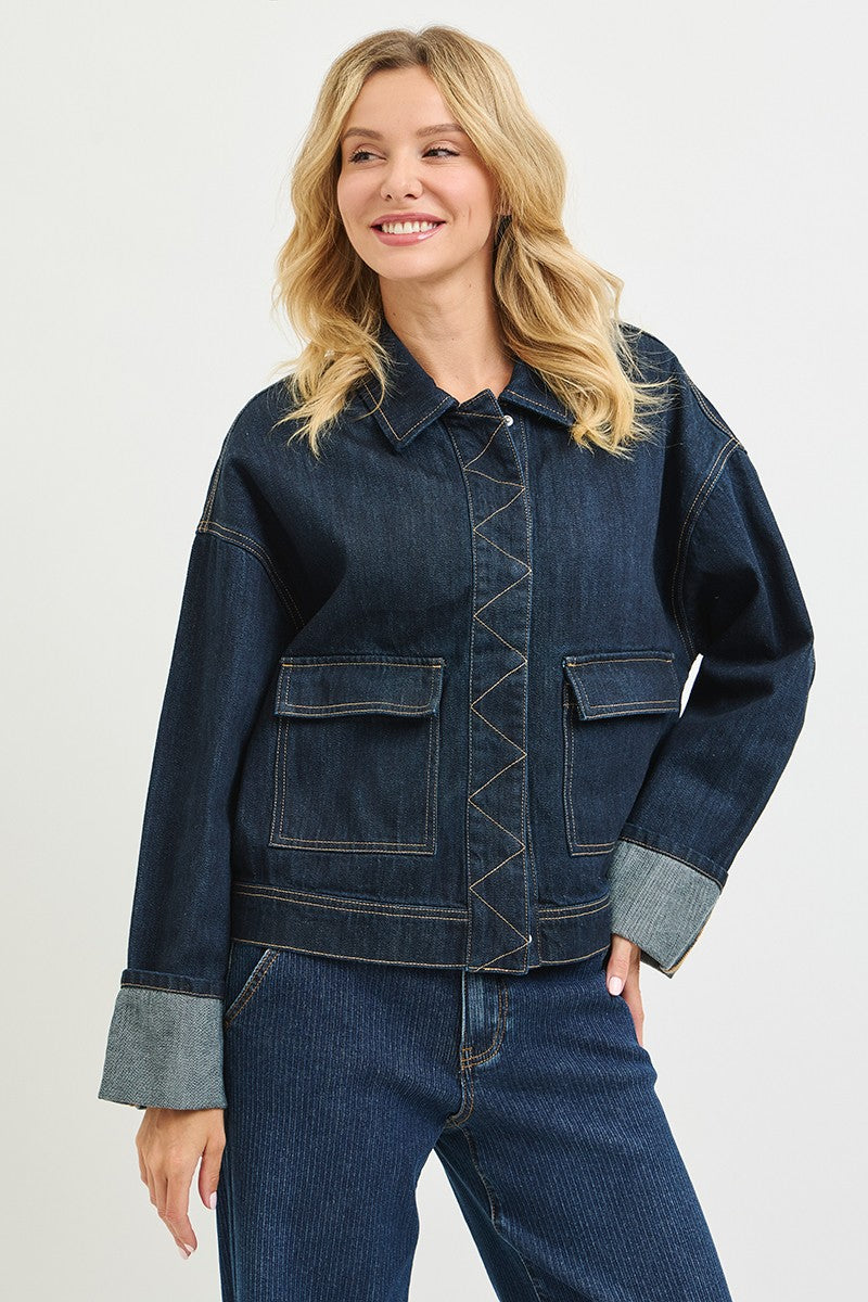Oversized Cargo Pocket With Cuffed Sleeve Jacket