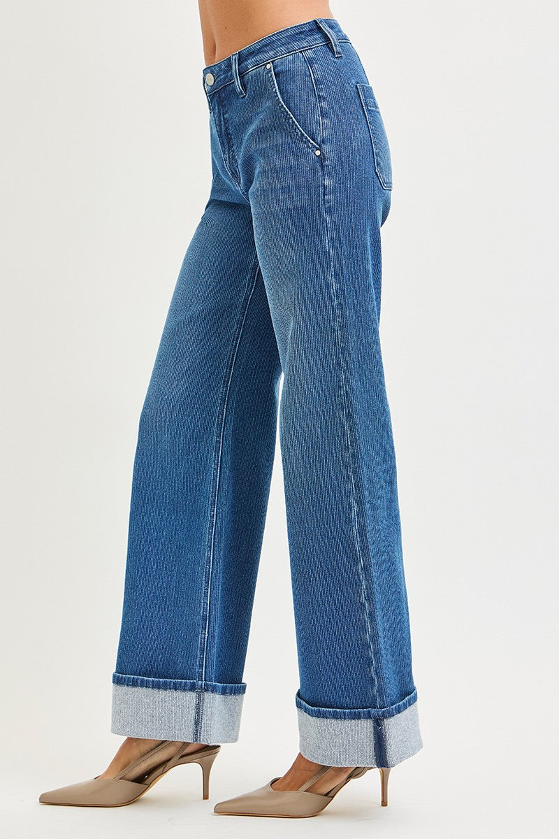 Mid Rise Wide Leg Cuffed Jeans