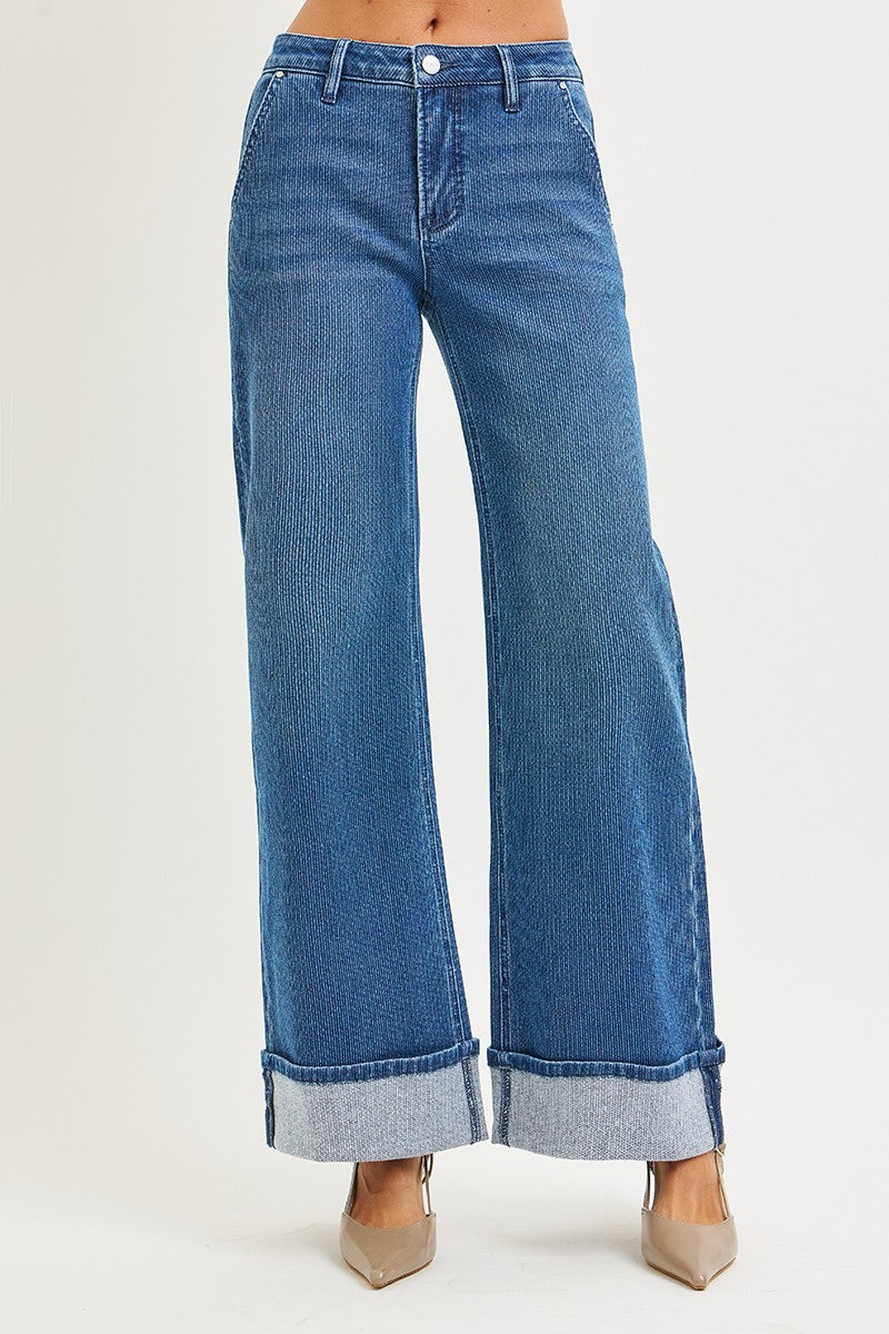 Mid Rise Wide Leg Cuffed Jeans