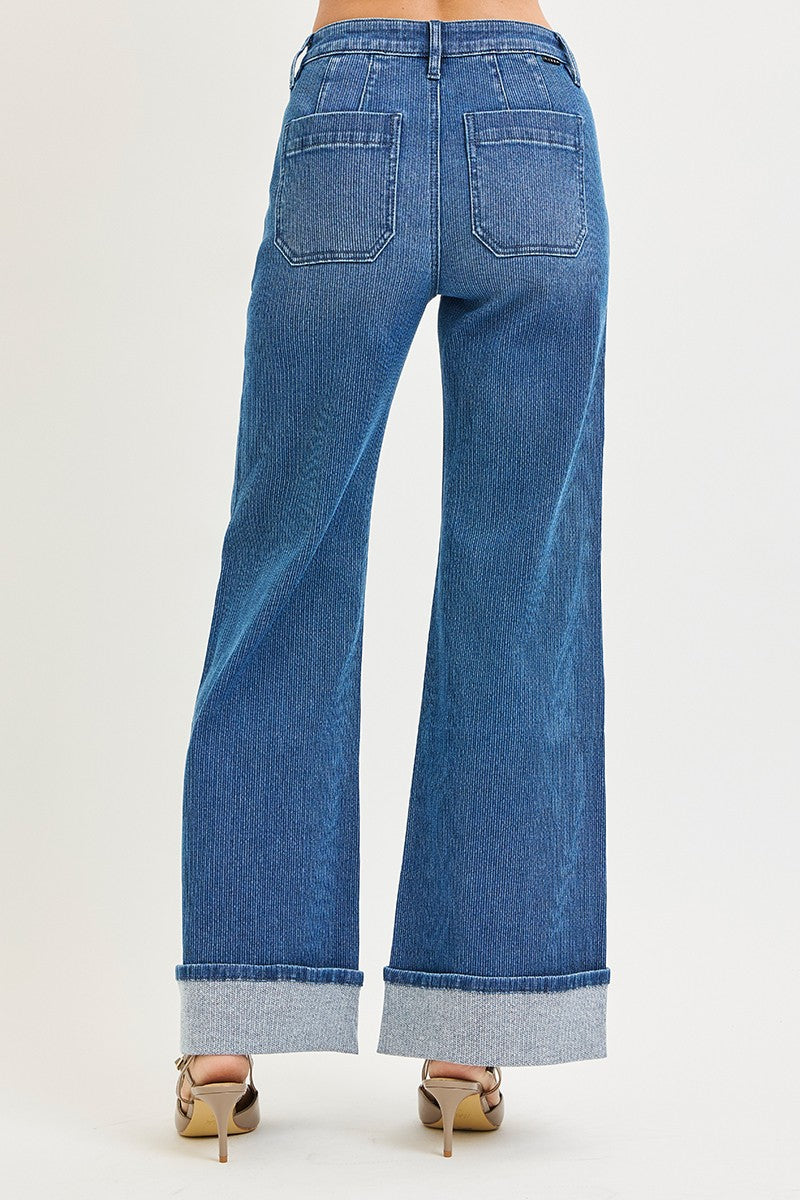 Mid Rise Wide Leg Cuffed Jeans