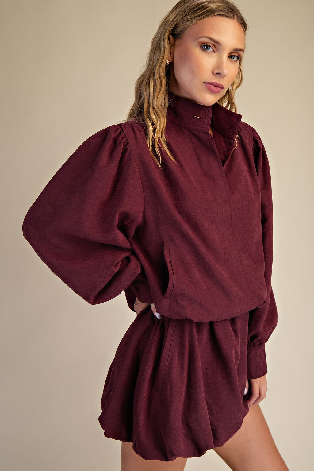 High Collar Balloon-hem Jacket
