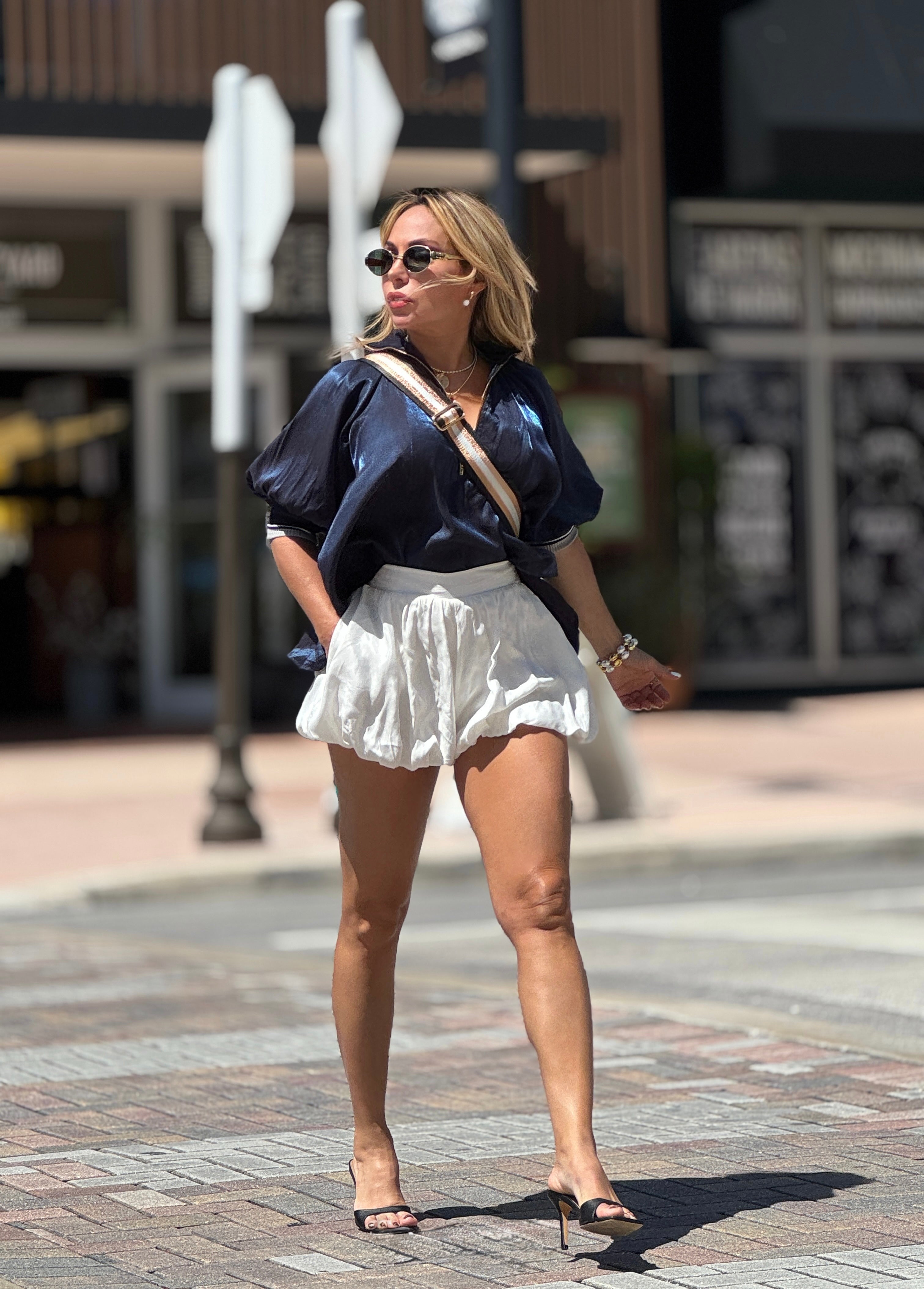 Mock Neck Band Puff Sleeve Blouse