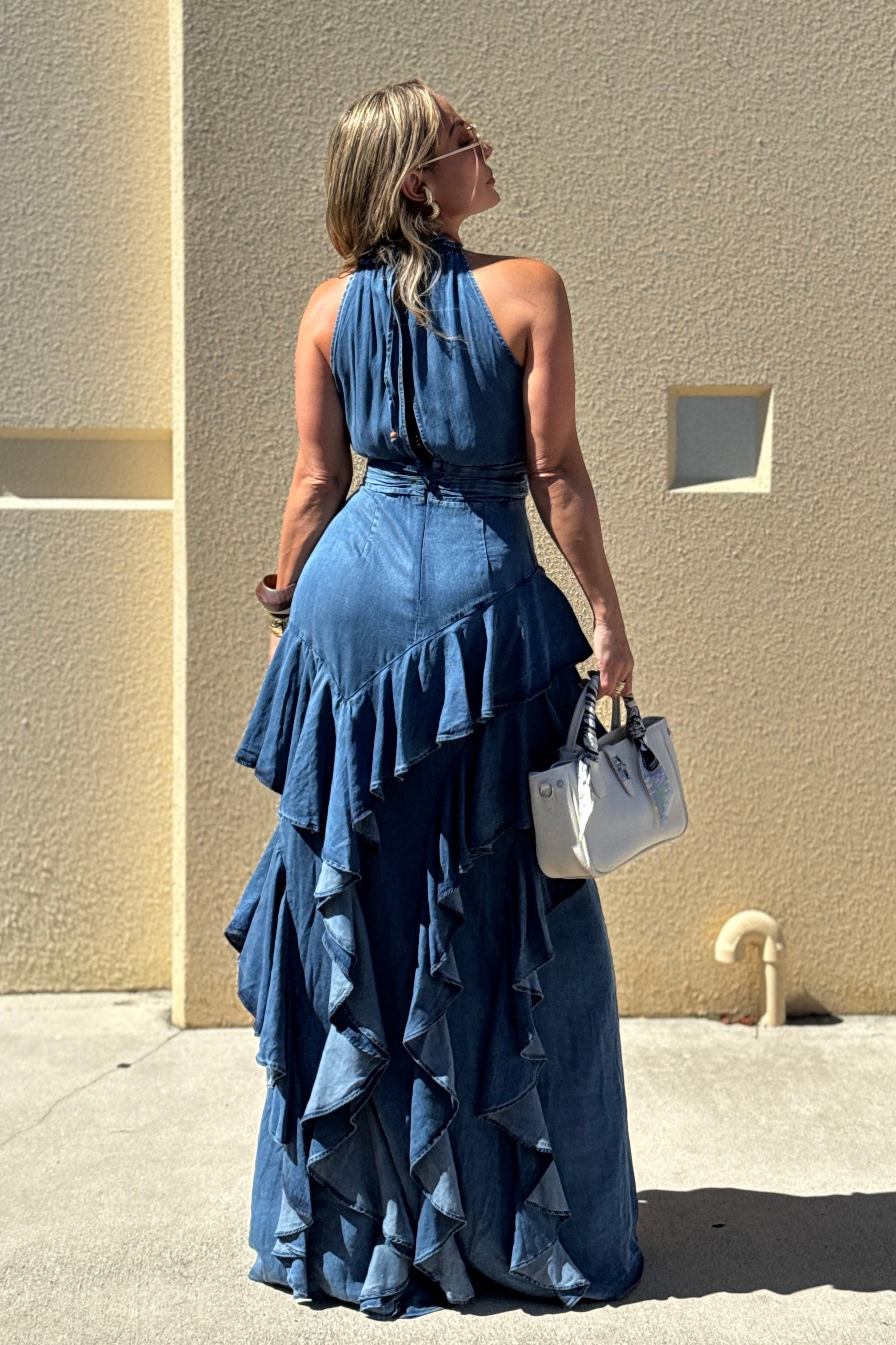 Washed Denim Ruffle Detail Halter Neck Maxi Dress
