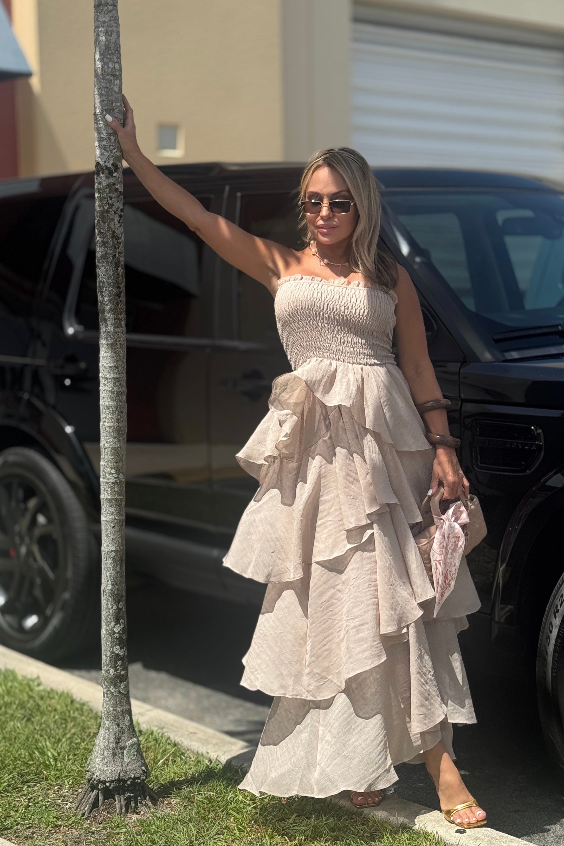 OFF SHOULDER LAYERED MAXI DRESS