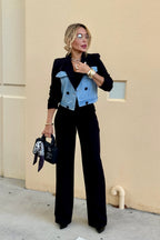 Denim Contrast Crop Blazer Two pieces Set