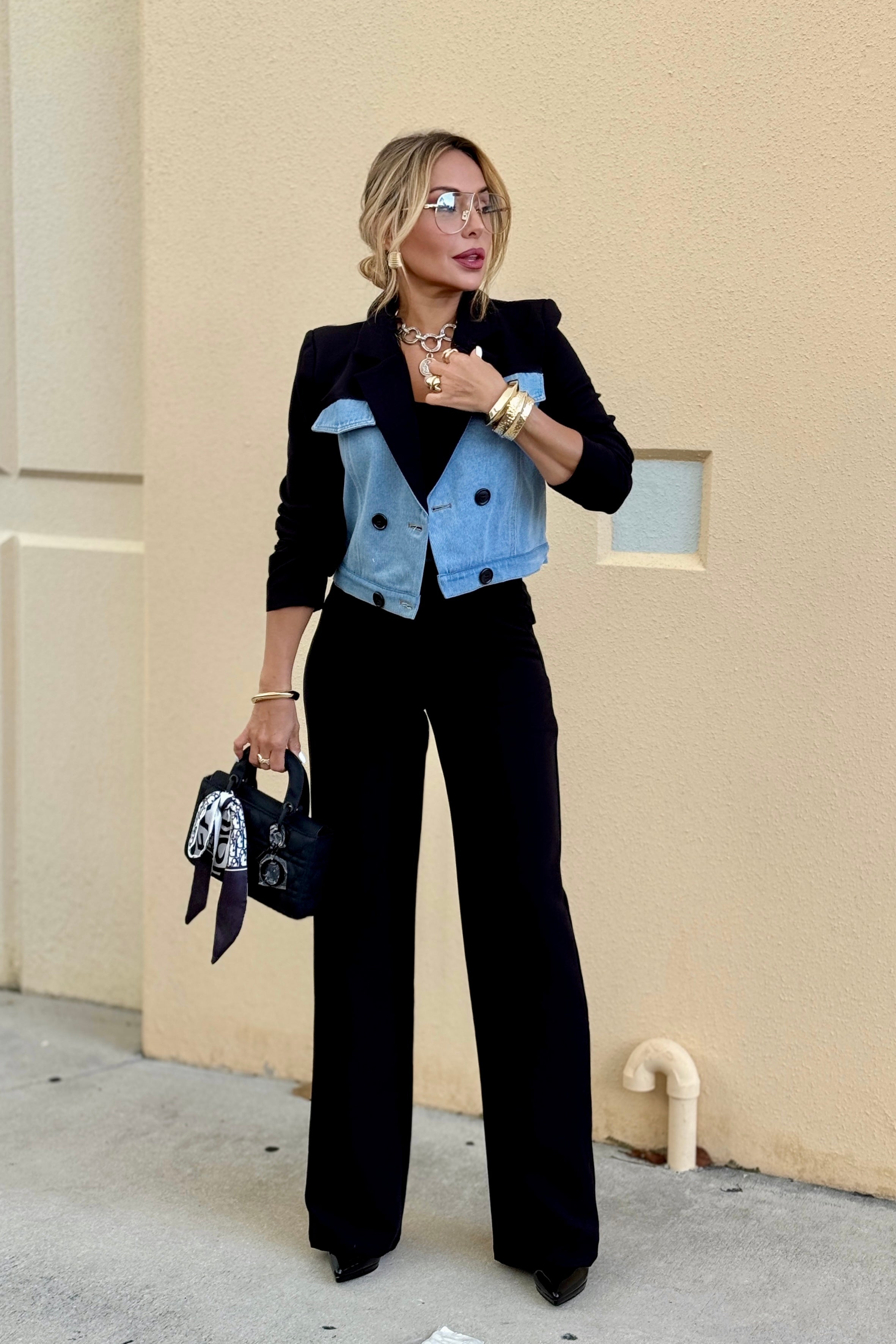 Denim Contrast Crop Blazer Two pieces Set