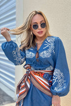Embroidered Puff Sleeve Denim Boho Dress