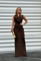 Solid Mesh Cowl Maxi Dress
