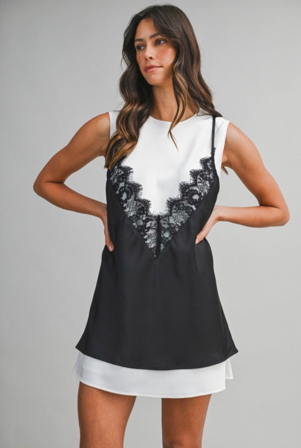 LACE WHISPER LAYERED MINI DRESS