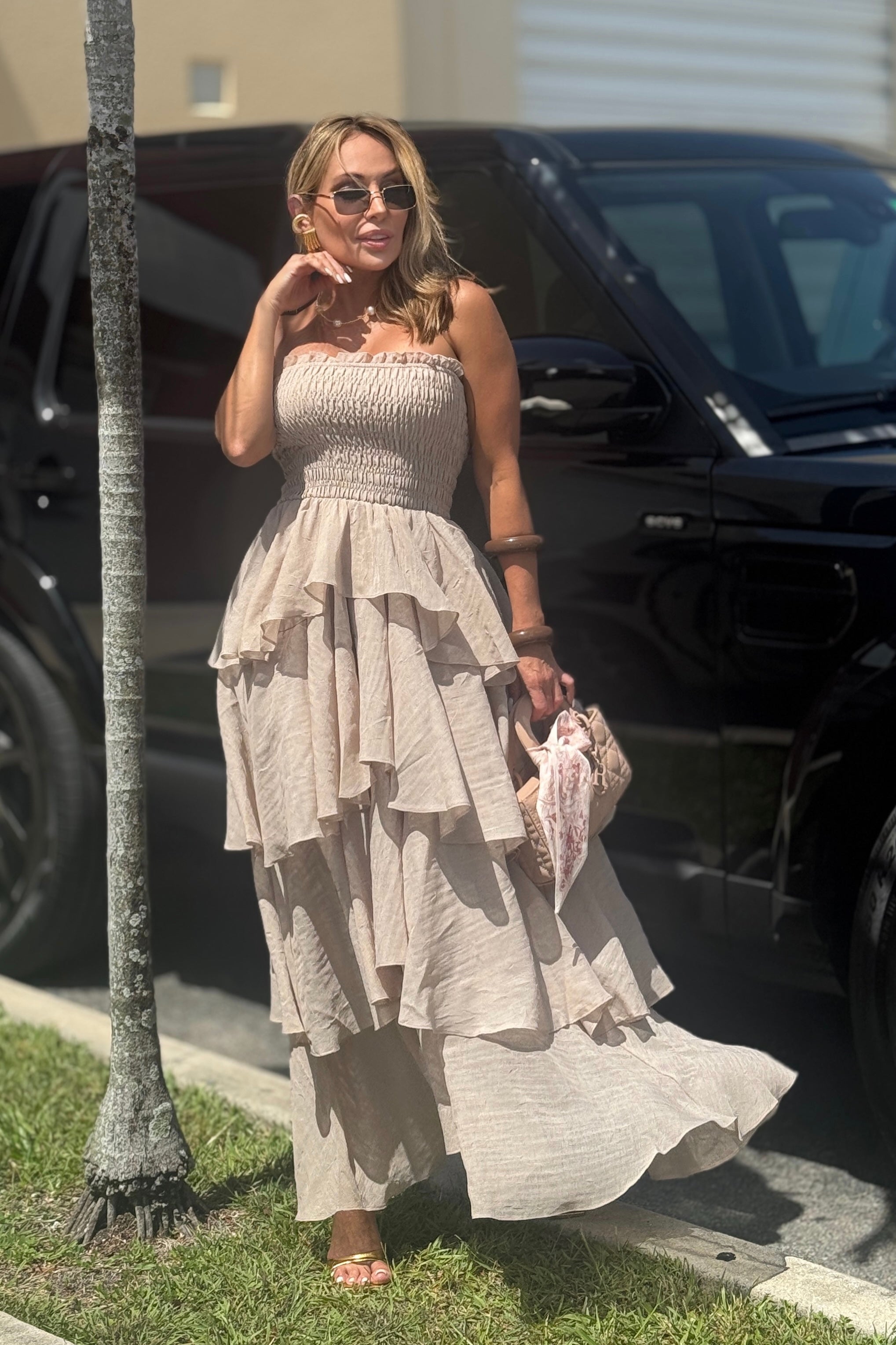 OFF SHOULDER LAYERED MAXI DRESS