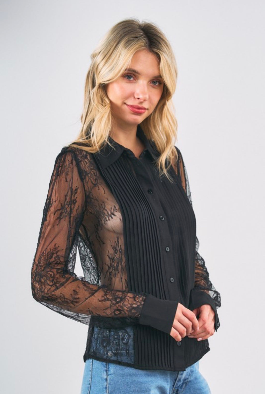 LACE PANEL PLEATED SHIRT