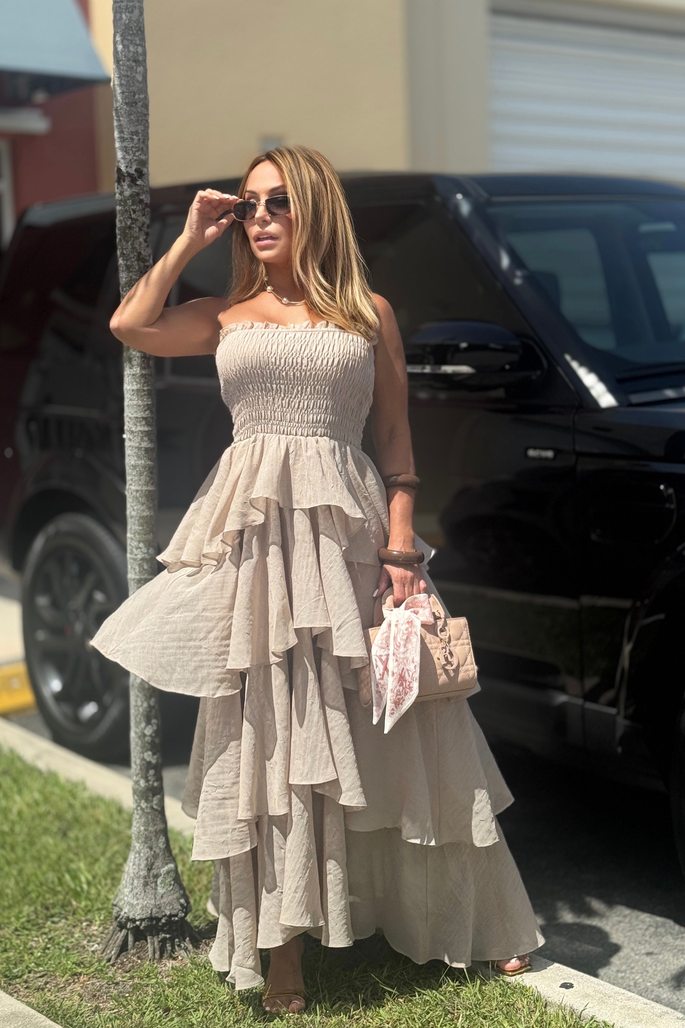 OFF SHOULDER LAYERED MAXI DRESS