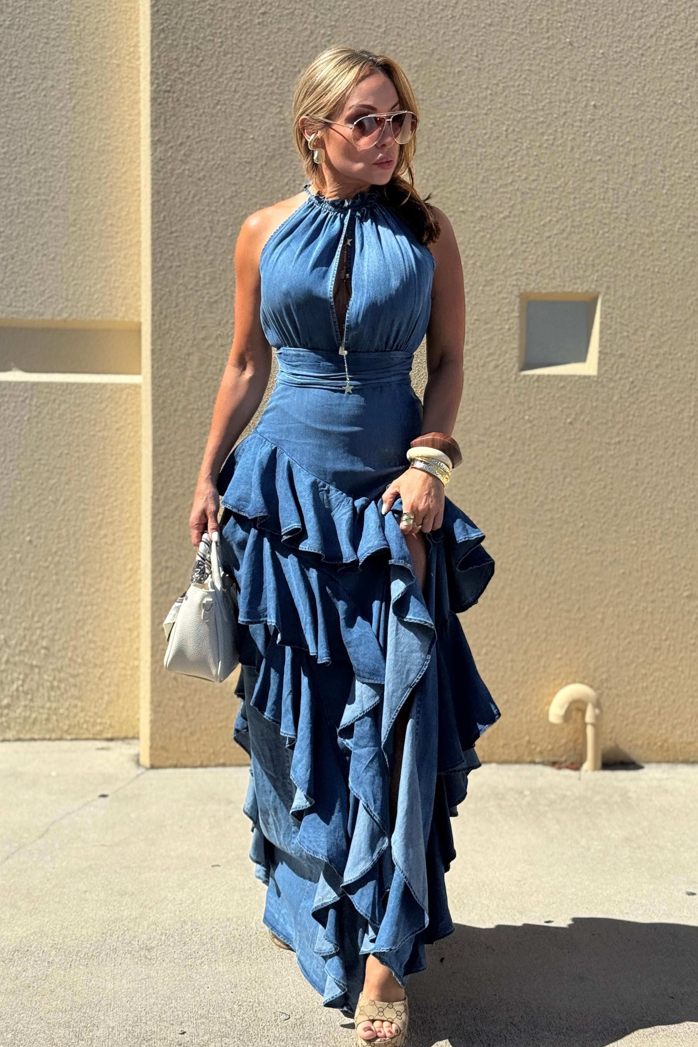 Washed Denim Ruffle Detail Halter Neck Maxi Dress