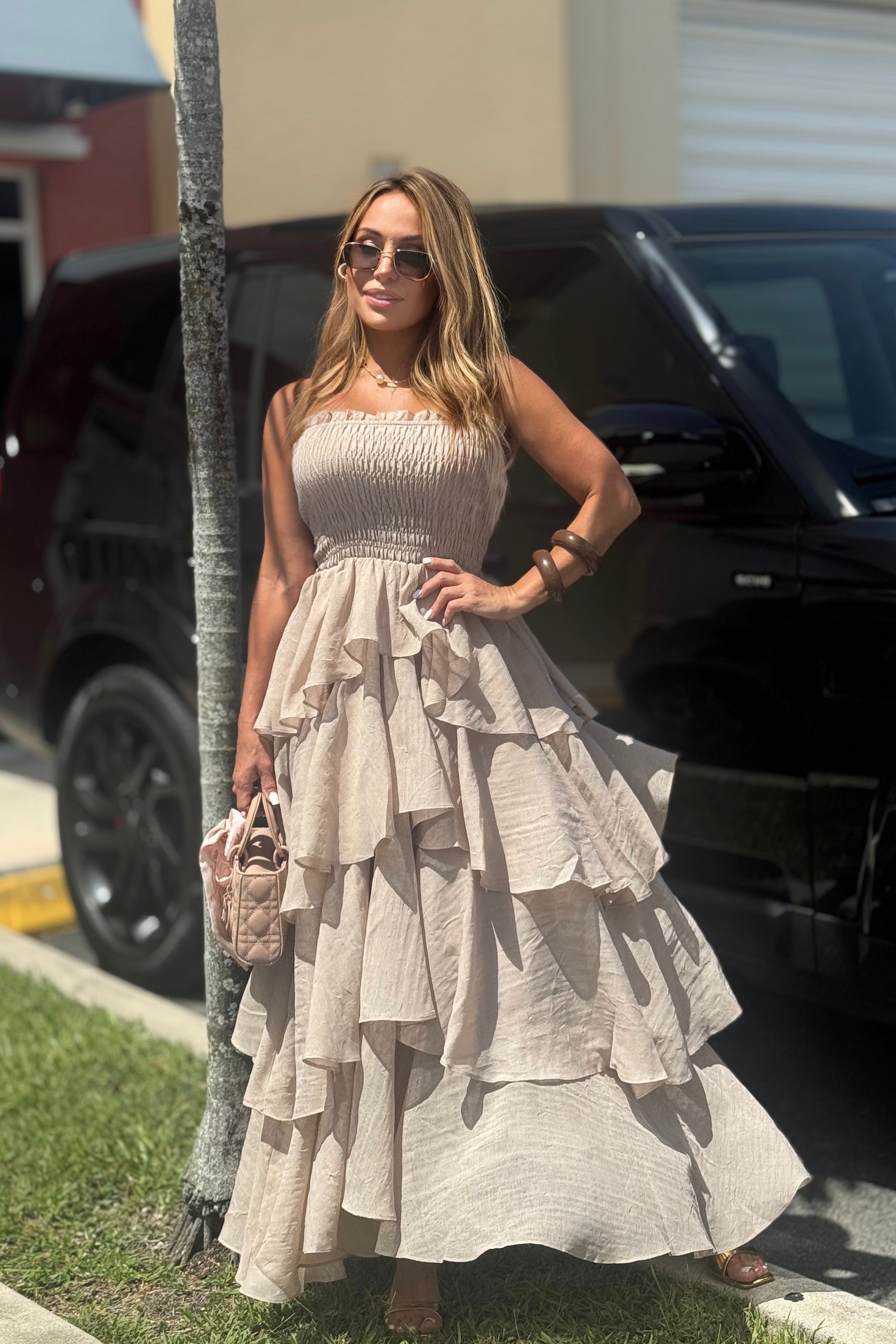 OFF SHOULDER LAYERED MAXI DRESS