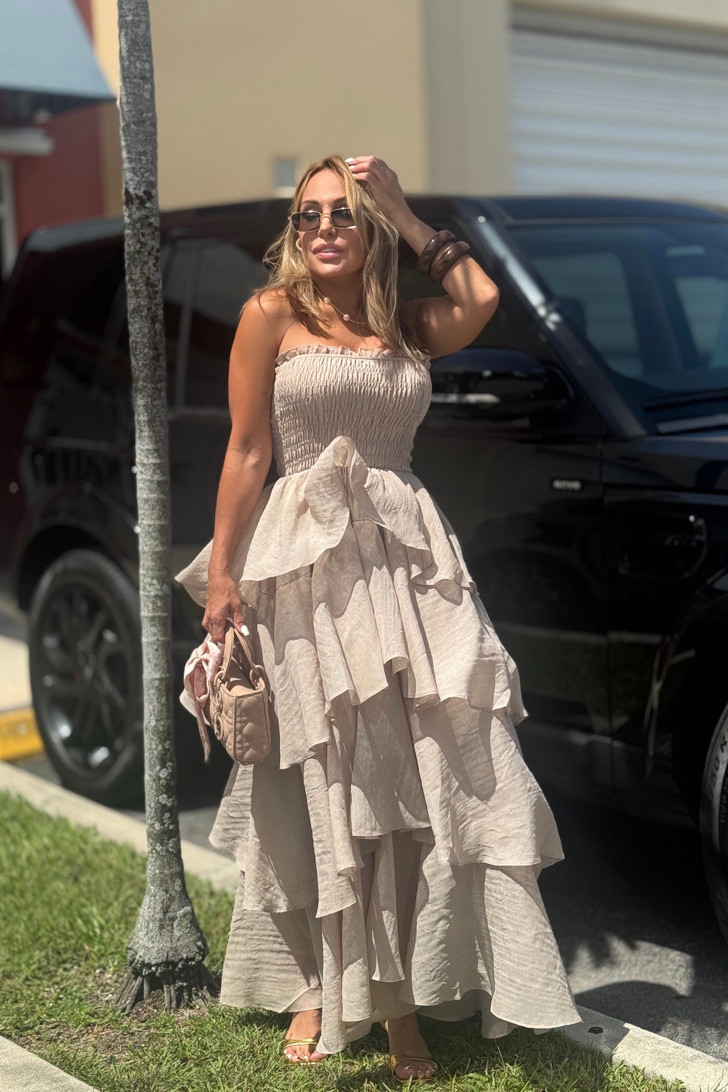 OFF SHOULDER LAYERED MAXI DRESS