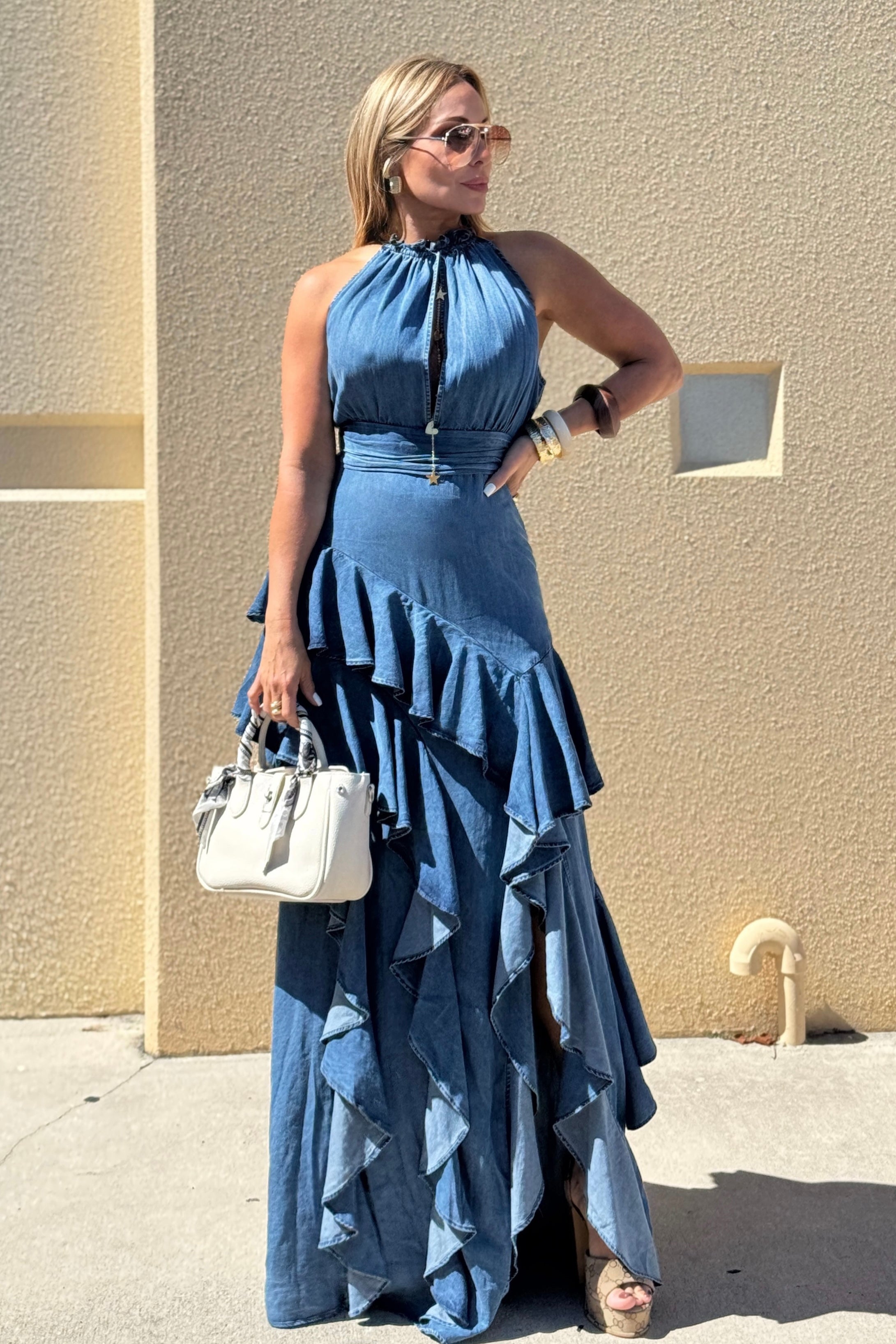 Washed Denim Ruffle Detail Halter Neck Maxi Dress
