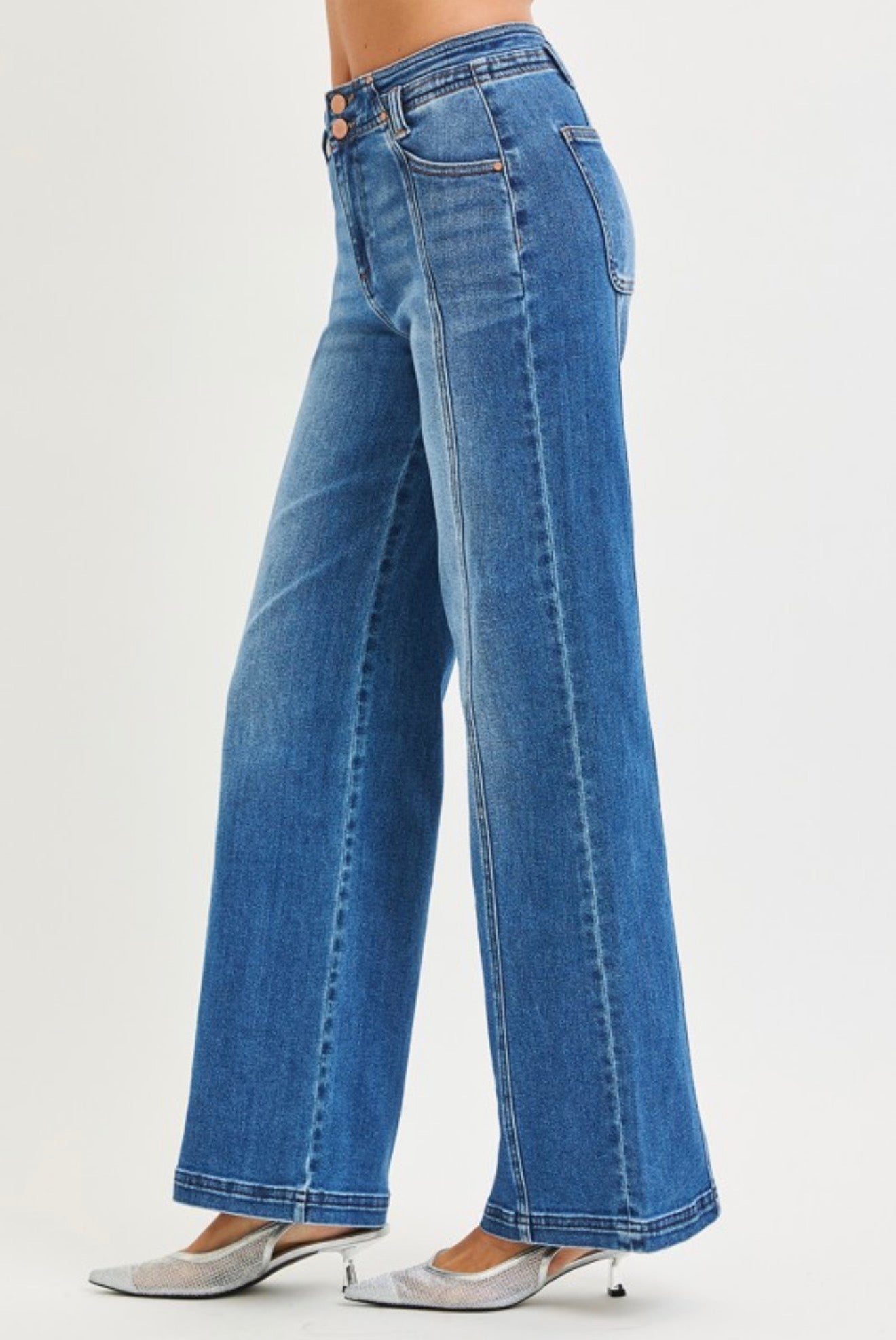 RISEN HIGH RISE CURVED SEAM WIDE LEG STRETCH JEANS